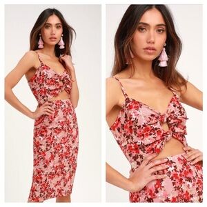 WAYF Victoria Pink Floral Print Tie Front Cutout Midi Dress Mauve Women's XS New